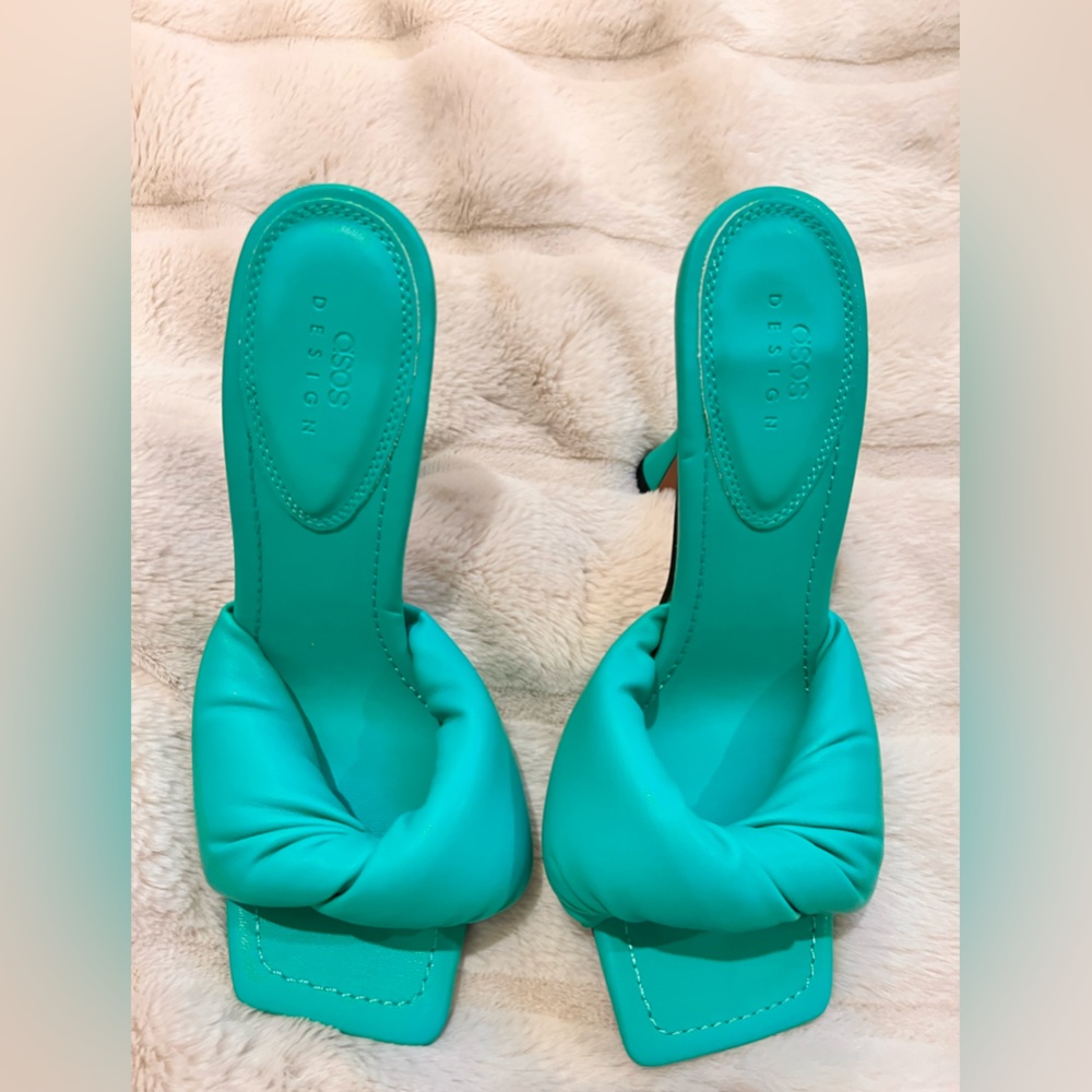 ASOS DESIGN Niki padded twist high heeled mules in teal